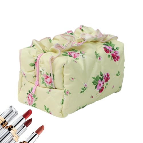 Decorhome Gesteppte Make-up-Tasche, Koketten-Make-up-Tasche,Kulturbeutel mit Rüschen und Blumenmuster | Stilvoller Make-up-Organizer, tragbare Reise-Make-up-Tasche für Mädchen und Frauen von Decorhome