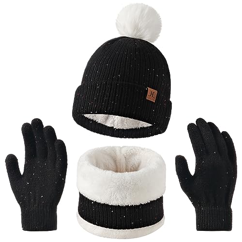 3 In 1 Winter Kinder Mütze Schal Handschuhe Set mit Fleece - Wintermütze Jungen Mädchen mit Bommel,Loop Schal Kinder und Touchscreen Handschuhen für Jungen Mädchen 5-8 Jahre (Schwarz,Einheitsgröße) von Decorie