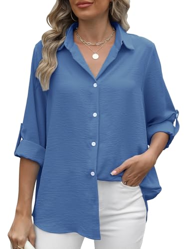 Decorie Damen Bluse Elegant Langarm Shirt 3/4 Arm Blusenshirt Hemdbluse Lässige Langarmshirt Oberteile Hemd Tunika Tops (Dunkelblau, S) von Decorie