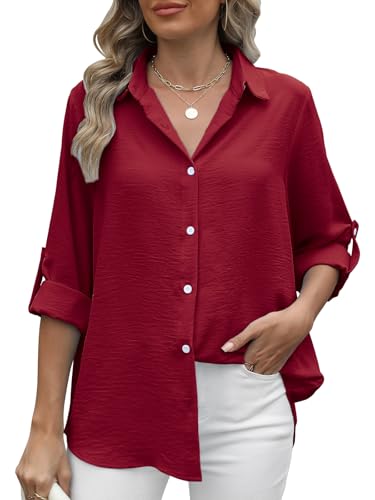 Bluse Damen Elegant Langarm Shirt Damen 3/4 Arm Blusenshirt Damen Hemdbluse Lässige Langarmshirt Oberteile Hemd Tunika Tops (Rot,S) von Decorie