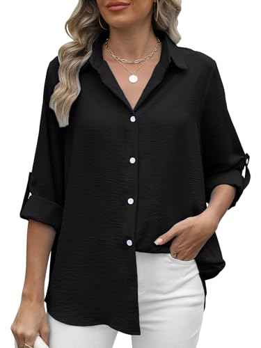 Bluse Damen Elegant Langarm Shirt Damen 3/4 Arm Blusenshirt Damen Hemdbluse Lässige Langarmshirt Oberteile Hemd Tunika Tops (Z-Schwarz,S) von Decorie