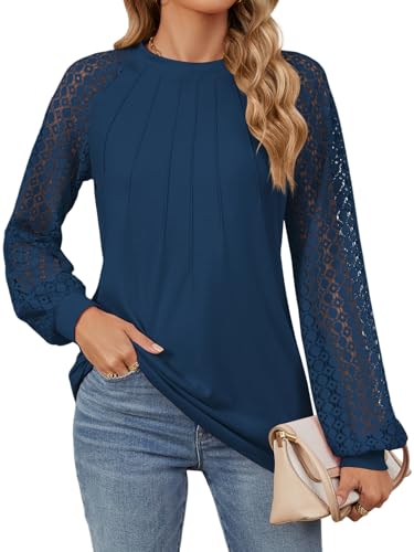 Bluse Damen Elegant Trachtenblusen Spitzenbluse Damen Langarmshirt Festliche Blusen Spitzen Oberteile Damenblusen Langarm Tuniken Damen T Shirt Longbluse Blusenshirt (Blau,S) von Decorie