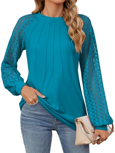 Bluse Damen Elegant Trachtenblusen Spitzenbluse Damen Langarmshirt Festliche Blusen Spitzen Oberteile Damenblusen Langarm Tuniken Damen T Shirt Longbluse Blusenshirt (Pfauenblau,S) von Decorie