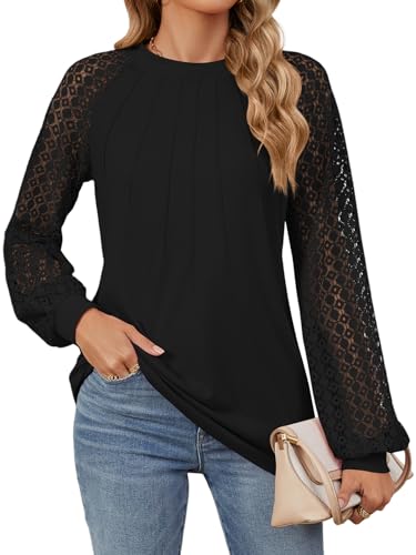 Bluse Damen Elegant Trachtenblusen Spitzenbluse Damen Langarmshirt Festliche Blusen Spitzen Oberteile Damenblusen Langarm Tuniken Damen T Shirt Longbluse Blusenshirt (Schwarz,XL) von Decorie
