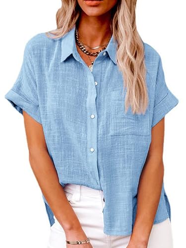 Bluse Damen Sommer Kurzarm Blusenshirt Baumwolle Hemdbluse Damen Hemd Elegant Damenblusen Sommer Oberteile Shirt Tunika mit Tasche (Blau,S) von Decorie