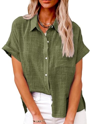 Bluse Damen Sommer Kurzarm Blusenshirt Baumwolle Hemdbluse Damen Hemd Elegant Damenblusen Sommer Oberteile Shirt Tunika mit Tasche (Grün,M) von Decorie