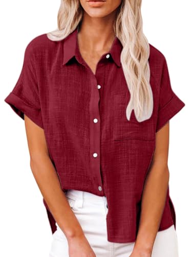 Bluse Damen Sommer Kurzarm Blusenshirt Baumwolle Hemdbluse Damen Hemd Elegant Damenblusen Sommer Oberteile Shirt Tunika mit Tasche (Rot,M) von Decorie