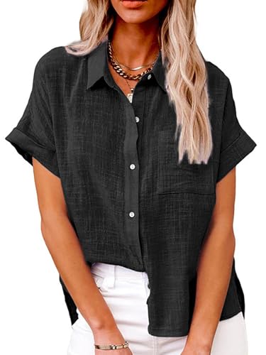 Bluse Damen Sommer Kurzarm Blusenshirt Baumwolle Hemdbluse Damen Hemd Elegant Damenblusen Sommer Oberteile Shirt Tunika mit Tasche (Schwarz,S) von Decorie