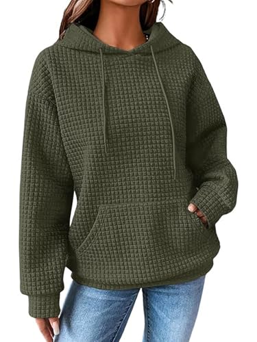 Decorie Hoodie Damen Kapuzenpullover Waffel Pullover Damen Winter Herbst Sweatshirt mit Kapuze Einfarbig Oberteile Langarm Casual Kapuzenpulli (Olivgrün,M) von Decorie