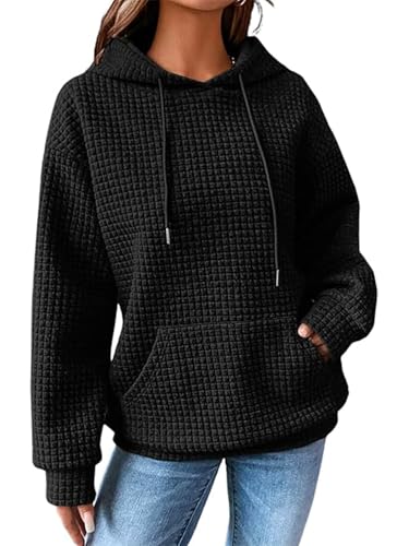Decorie Hoodie Damen Kapuzenpullover Waffel Pullover Damen Winter Herbst Sweatshirt mit Kapuze Einfarbig Oberteile Langarm Casual Kapuzenpulli (Schwarz,S) von Decorie