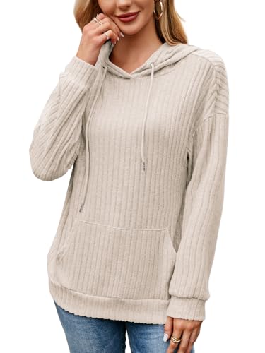 Kapuzenpullover Damen Hoodie Elegant Pullover Langarm Casual Sweatshirt Strickpullover mit Kapuze Lamgarmshirt Oberteil Kapuzenpulli für Herbst Winter (Beige,L) von Decorie