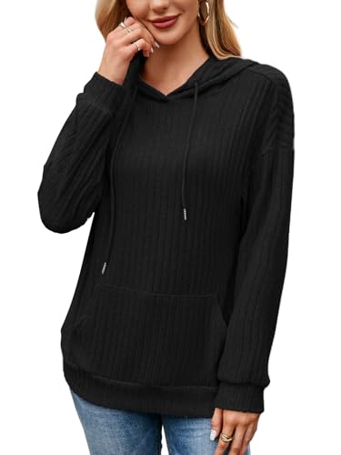 Kapuzenpullover Damen Hoodie Elegant Pullover Langarm Casual Sweatshirt Strickpullover mit Kapuze Lamgarmshirt Oberteil Kapuzenpulli für Herbst Winter (Schwarz,L) von Decorie