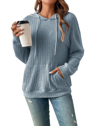 Kapuzenpullover Damen Hoodie Elegant Pullover Langarm Casual Sweatshirt Strickpullover mit Kapuze Lamgarmshirt Oberteil Kapuzenpulli für Herbst Winter (Blau,S) von Decorie
