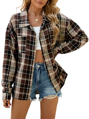 Karierte Bluse Damen Karohemd Trachtenbluse Oktoberfest Bluse Langarm Kariertes Hemd Damen Hemdbluse Casual Holzfällerhemd Longbluse Blusenshirt Hemdjacke Oberteile Casual Tunika Tops (Braun,XL) von Decorie