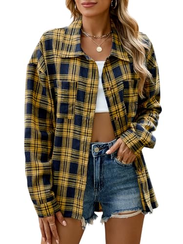 Karierte Bluse Damen Karohemd Trachtenbluse Oktoberfest Bluse Langarm Kariertes Hemd Damen Hemdbluse Casual Holzfällerhemd Longbluse Blusenshirt Hemdjacke Oberteile Casual Tunika Tops (Gelb,XL) von Decorie