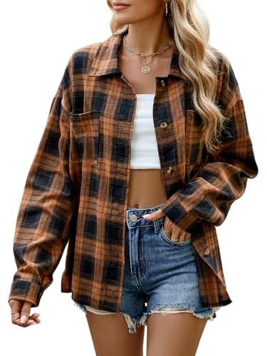 Karierte Bluse Damen Karohemd Trachtenbluse Oktoberfest Bluse Langarm Kariertes Hemd Damen Hemdbluse Casual Holzfällerhemd Longbluse Blusenshirt Hemdjacke Oberteile Casual Tunika Tops (Dunkelbraun,XL) von Decorie