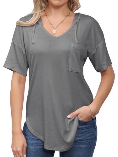 Pullover Damen Hoodie Tshirt Damen Sommer Oberteile Sweatshirt Damen Kapuzenpullover Top Tunika (Dunkelgrau,XXL) von Decorie