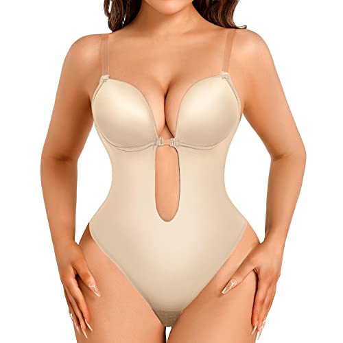 Decorus Shapewear Rückenfreie Body Bra Shaper Frauen Invishaper Low Back Plunge Thong Bodysuits Open Crotch für Hochzeit Party Club Daily (Beige L) von Decorus