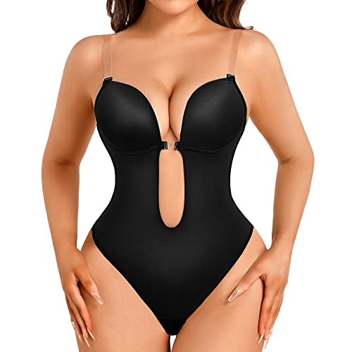 Decorus Shapewear Rückenfreie Body Bra Shaper Frauen Invishaper Low Back Plunge Thong Bodysuits Open Crotch für Hochzeit Party Club Daily (Black M) von Decorus