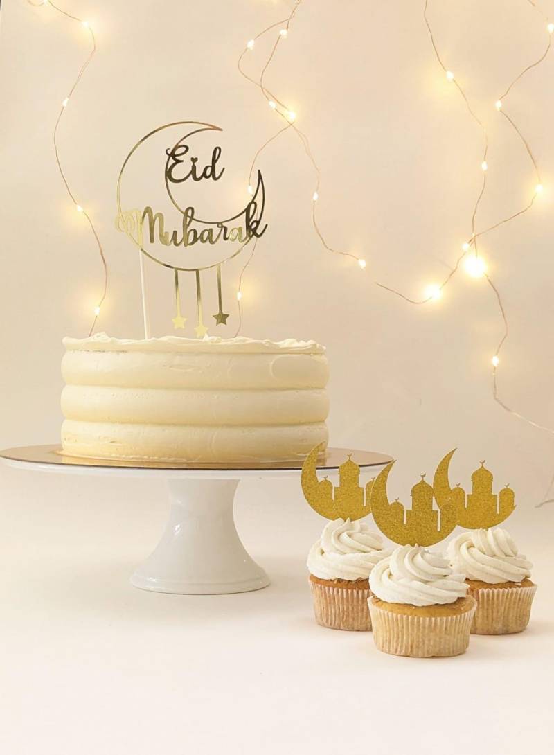 Eid Mubarak Cake Topper - Feines Goldene Glitzer-Deko Für Festliche Kuchen Und Cupcakes von Decozee