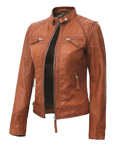 Decrum Echte Damen Lederjacke - Café Racer Motorrad-Stil Lederjacken Mode Outfits, Diamond 1 Lederjacke, Braun mit Wachs, XXL von Decrum