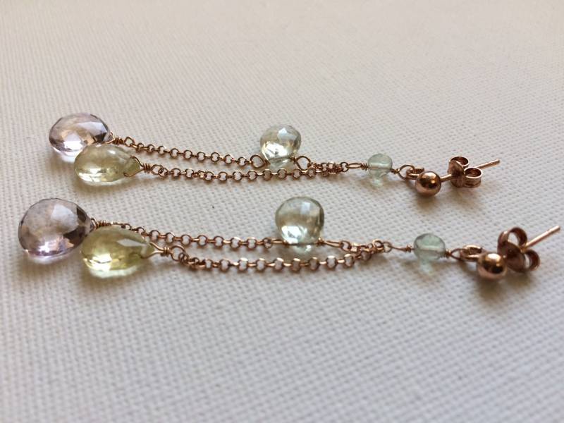 Rosenkranz-Ohrringe, Grüne Und Gelbe Rosenquarztropfen, Rosévergoldetes Silber von Dedicabijoux