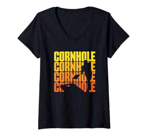Damen Cornhole Cornhole Cornhole-Spieler-Silhouette T-Shirt mit V-Ausschnitt von Dedicated Cornhole Players and Backyard Game Gifts