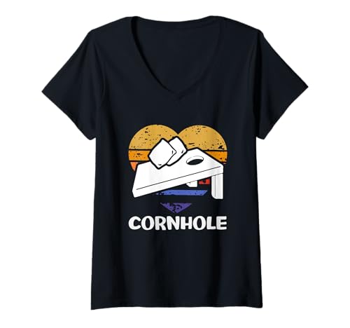 Damen Cornhole Player Cornhole Sunset Vibes T-Shirt mit V-Ausschnitt von Dedicated Cornhole Players and Backyard Game Gifts