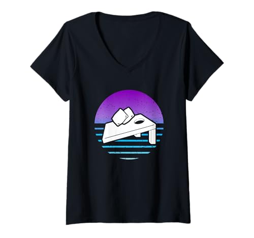 Damen Cornhole Player Retro-Sonnenuntergangs-Vibes T-Shirt mit V-Ausschnitt von Dedicated Cornhole Players and Backyard Game Gifts