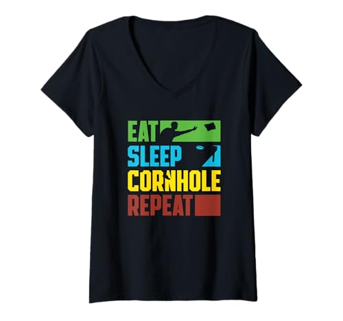 Damen Eat Sleep Cornhole Repeat Cornhole Player T-Shirt mit V-Ausschnitt von Dedicated Cornhole Players and Backyard Game Gifts