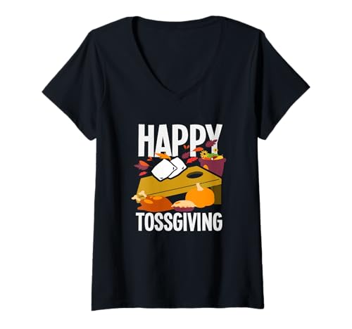 Damen Happy Tossgiving Cornhole Player Fun Vibes T-Shirt mit V-Ausschnitt von Dedicated Cornhole Players and Backyard Game Gifts