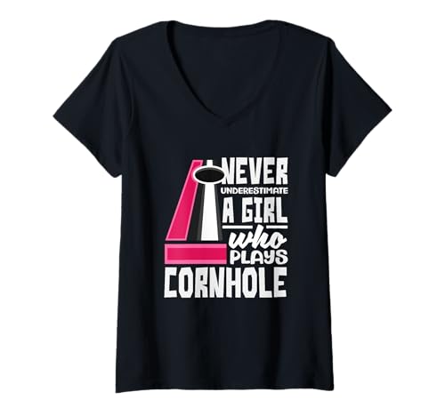 Damen Unterschätze Niemals EIN Mädchen, das Cornhole Player spielt T-Shirt mit V-Ausschnitt von Dedicated Cornhole Players and Backyard Game Gifts