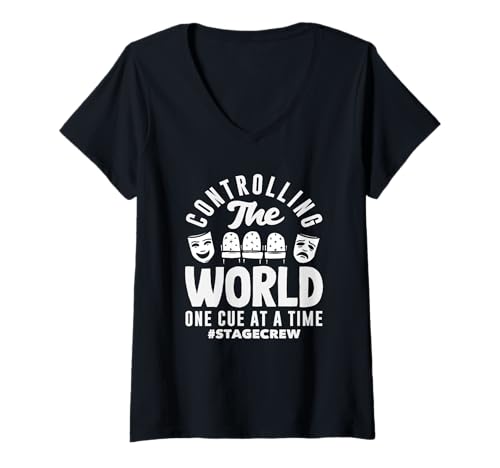 Damen Musicals Lover Controlling The World One Queue T-Shirt mit V-Ausschnitt von Dedicated Fans of Musicals and Stage Performances