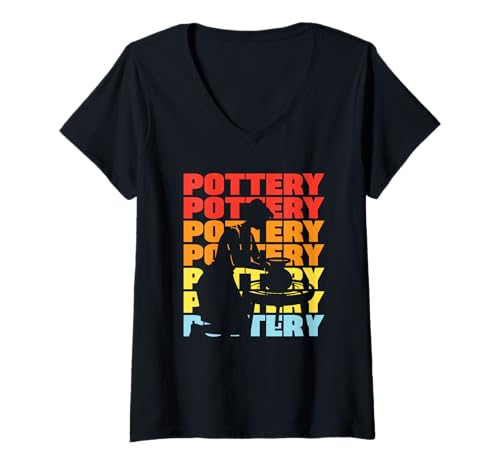 Damen Pottery Passion Vibes im Retro-Kunststil T-Shirt mit V-Ausschnitt Damen Pottery Passion Vibes im Retro-Kunststil T-Shirt mit V-Ausschnitt von Dedicated Fans of Pottery and Ceramic Crafting