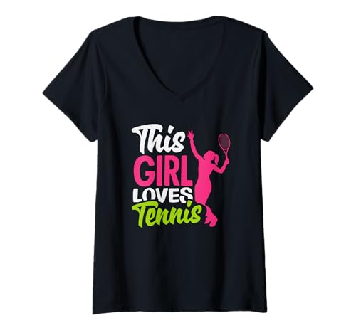 Damen Dieses Mädchen liebt Tennisspieler leidenschaftlichen Sport T-Shirt mit V-Ausschnitt von Dedicated Fans of Tennis Matches and Racket Sports