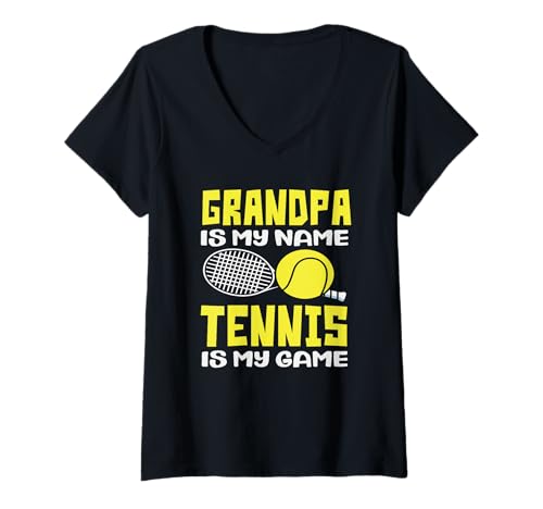 Damen Grandpa is My Name Tennis is My Game Tennisspieler T-Shirt mit V-Ausschnitt von Dedicated Fans of Tennis Matches and Racket Sports