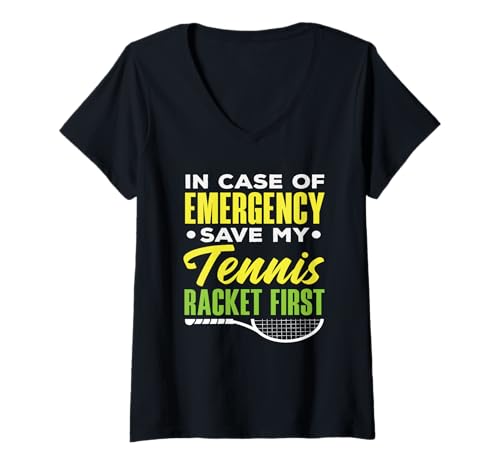 Damen Im Notfall Save My Tennis Racket First Tennis T-Shirt mit V-Ausschnitt von Dedicated Fans of Tennis Matches and Racket Sports
