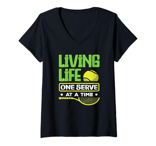 Damen Living Life One Serve at A Time Tennisspieler T-Shirt mit V-Ausschnitt von Dedicated Fans of Tennis Matches and Racket Sports