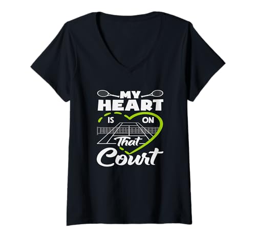 Damen My Heart is On That Court Tennisspieler T-Shirt mit V-Ausschnitt von Dedicated Fans of Tennis Matches and Racket Sports