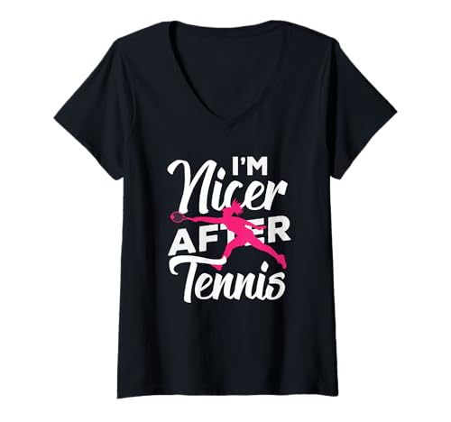 Damen Nach dem Tennisspieler-Spaß Bin ich Netter T-Shirt mit V-Ausschnitt von Dedicated Fans of Tennis Matches and Racket Sports