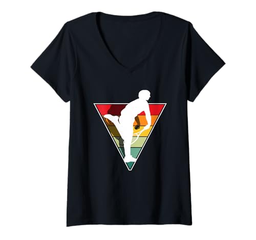 Damen Retro Tennisspieler Silhouette Vintage Vibes T-Shirt mit V-Ausschnitt von Dedicated Fans of Tennis Matches and Racket Sports