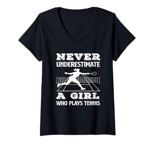 Damen Unterschätze Niemals das Mädchen, das Tennisspielerin spielt T-Shirt mit V-Ausschnitt von Dedicated Fans of Tennis Matches and Racket Sports
