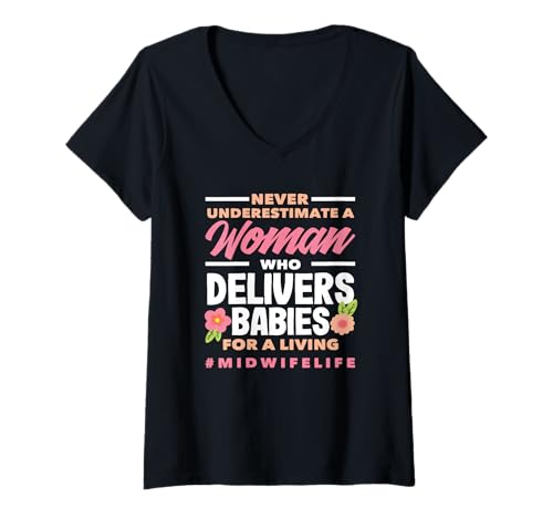 Damen Never Underestimate A Woman Hebamme Delivers Babies Life T-Shirt mit V-Ausschnitt Damen Never Underestimate A Woman Hebamme Delivers Babies Life T-Shirt mit V-Ausschnitt von Dedicated Midwives and Maternal Health Gifts