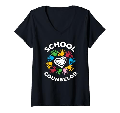 Damen Schulberater Handabdrücke Herz Design T-Shirt mit V-Ausschnitt von Dedicated School Counselors and Student Support