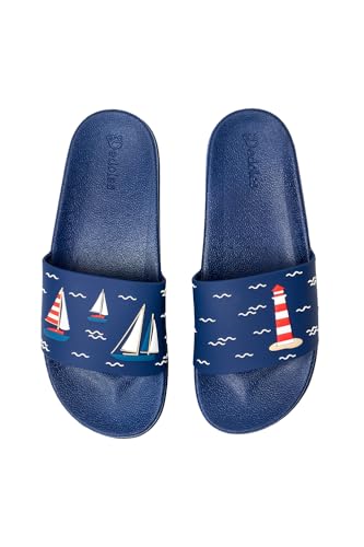Dedoles Badeschuhe & Hausschuhe Damen Herren & Kinder Badesandalen lustige Designs Bücher Kaffee Party Pizza Fuchs Bär Lama Wolken Geschenk, Farbe: Blau, Motiv: Segelbote auf dem Meer, Gr. 43 von Dedoles