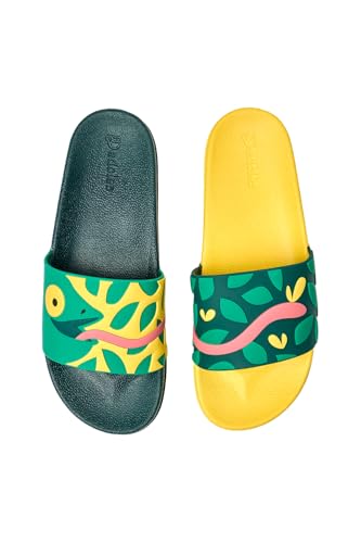 Dedoles Badeschuhe & Hausschuhe Damen Herren & Kinder Badesandalen lustige Designs Bücher Kaffee Party Pizza Fuchs Bär Lama Wolken Geschenk, Farbe: Mehrfarbig, Motiv: Chamäleon auf der Jagd, Gr. 45 von Dedoles