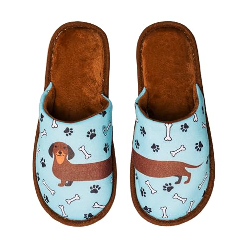 Dedoles Hausschuhe Damen Herren & Kinder Memory-Foam viele lustige Designs Einhorn Musik Regenbogen Comics Spiele Geschenk, Farbe: Blau, Motiv: Langer Dackel, Gr. 46-47 EU von Dedoles