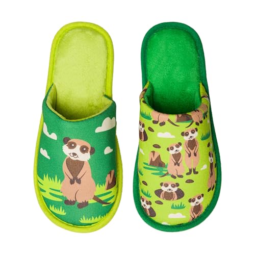 Dedoles Hausschuhe Damen Herren & Kinder Memory-Foam viele lustige Designs Einhorn Musik Regenbogen Comics Spiele Geschenk, Farbe: Grün, Motiv: Erdmännchen, Gr. 42-43 EU von Dedoles