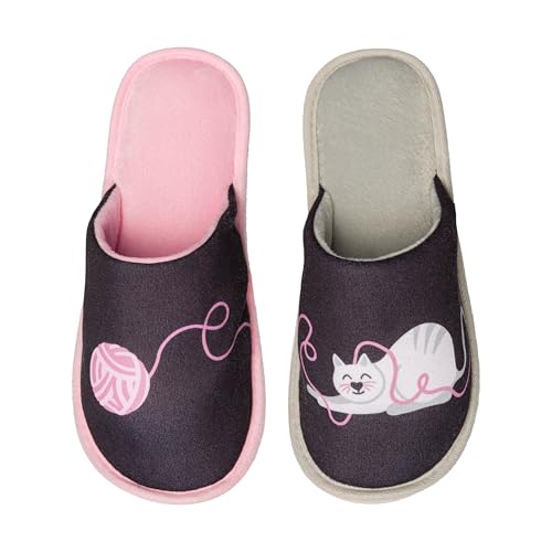 Dedoles Hausschuhe Damen Herren & Kinder Memory-Foam viele lustige Designs Einhorn Musik Regenbogen Comics Spiele Geschenk, Farbe: Schwarz, Motiv: Katze und Ball, Gr. 40-41 EU von Dedoles