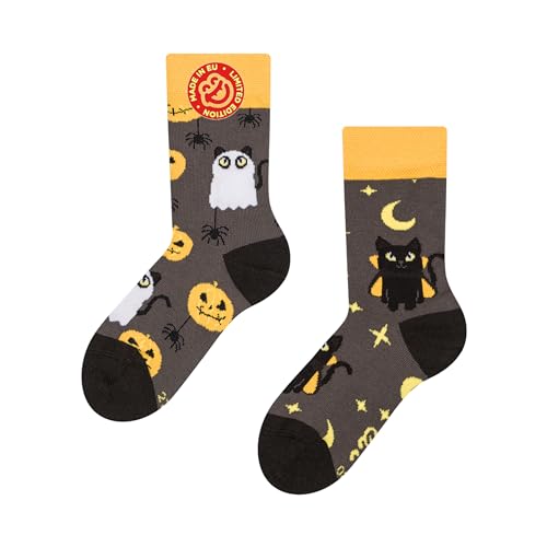 Dedoles Socken Regular normale Höhe Unisex Damen Herren Baumwolle viele lustige Designs Weihnachtssocken 1 Paar, Farbe Grau, Motiv Halloween-Katze, Gr. 43-46 von Dedoles